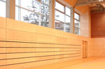 Holzprallwand mit ausfahrbarer Tribüne