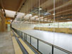motorisch verstellbares Ballfangnetz vor einer Tribüne mit Blick in die Sporthalle